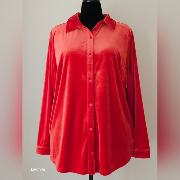 CHARTER CLUB Women's Size XXL Red Velour‎ Long Sleeve Button Down Shirt - Picture 1 of 10
